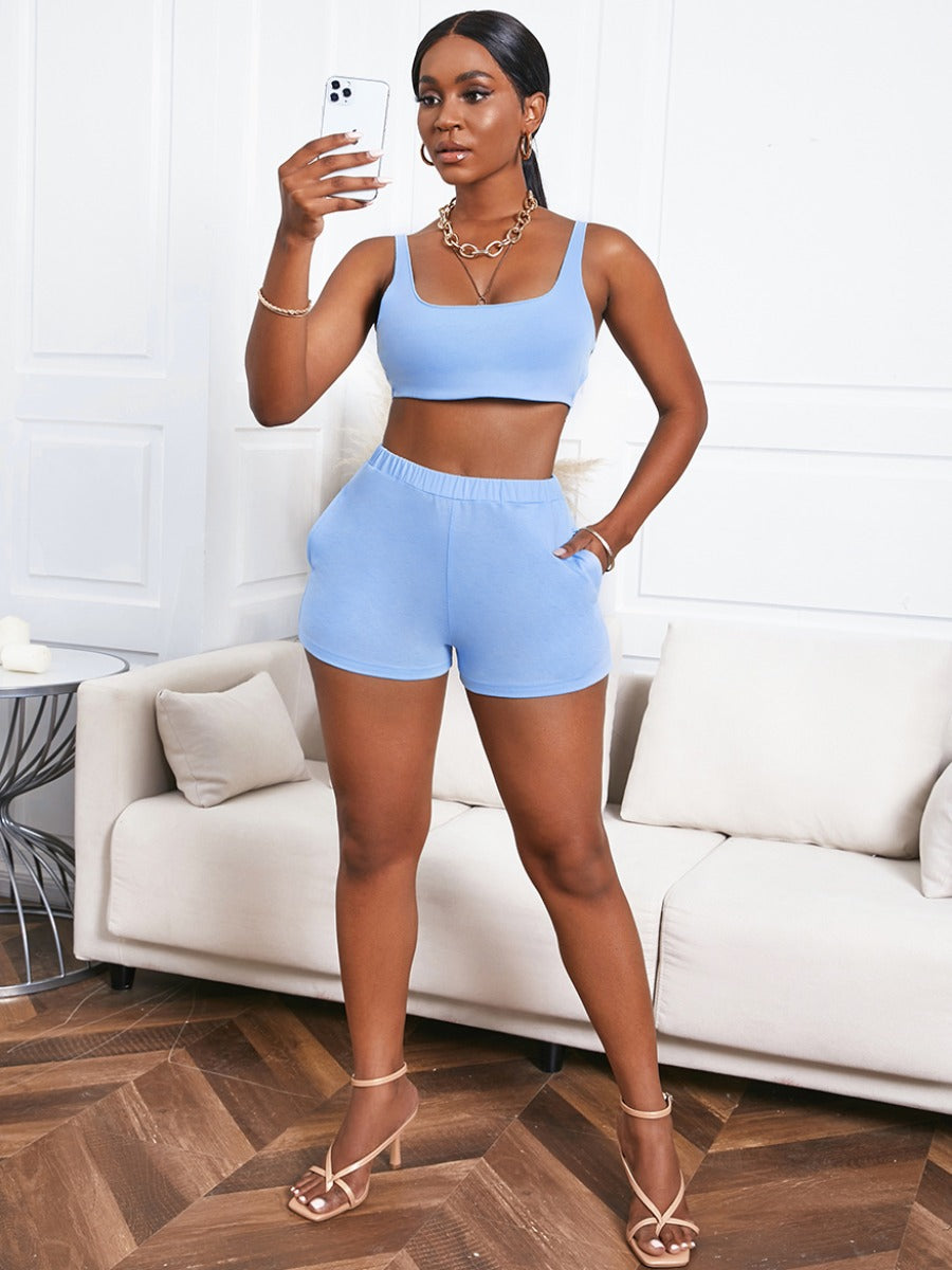 U Neck Backless Blue Two Piece Shorts Set