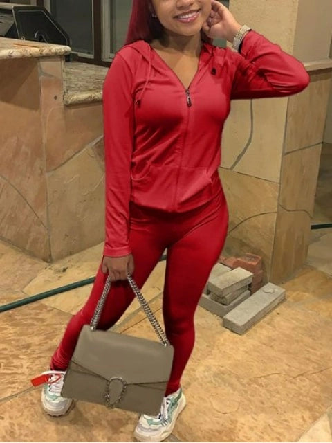 Red Hooded Collar Kangaroo Pocket Pants Set