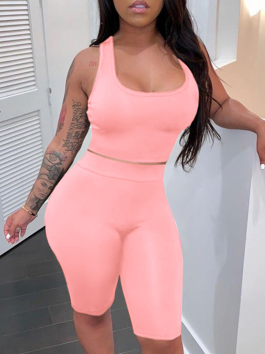 Pink Bodycon Crop Top Shorts Set