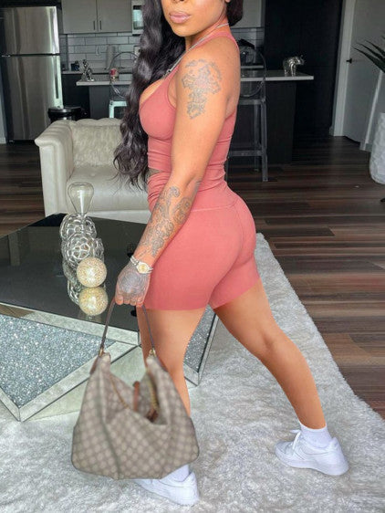 Lovely Casual U Neck Dark Pink Two Piece