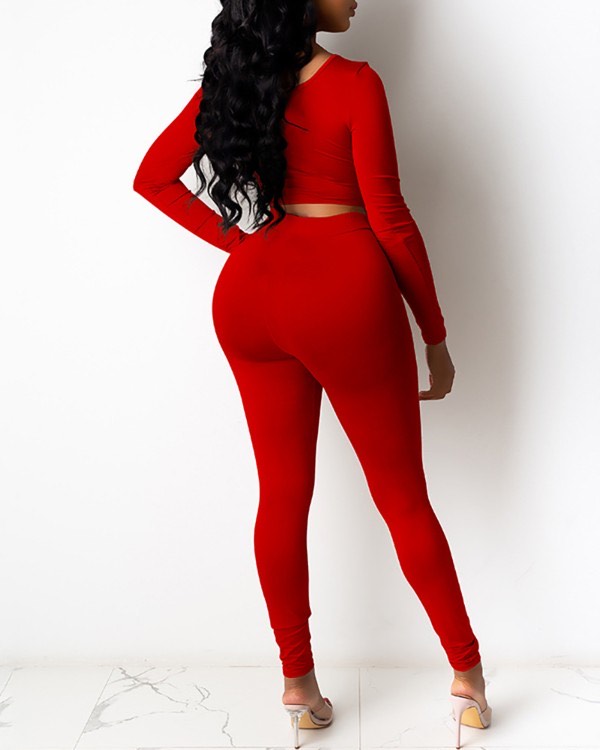 U-Neck Long Sleeve Top & High Waist Pants Set Red