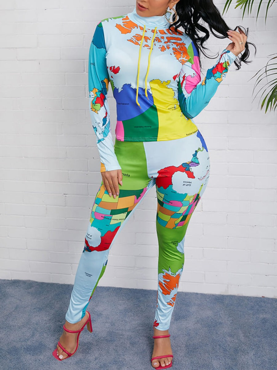 Map Letter Print Pants Set