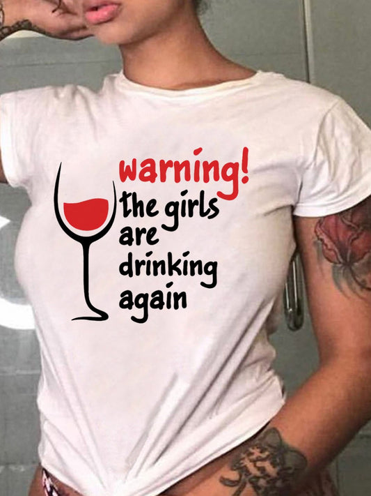 Wine Glass Letter Print T-Shirt