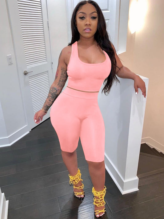 Pink Bodycon Crop Top Shorts Set